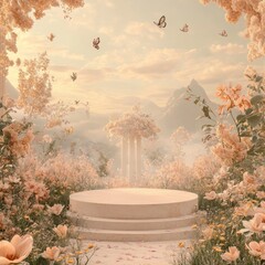 Canvas Print - A dreamy, ethereal scene with a white podium nestled amongst a lush, pink floral landscape, surrounded by a mist-covered mountain range and flying butterflies, bathed in warm, golden light.