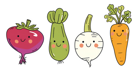 Wall Mural - Cute cartoon vegetables set. Kawaii characters emoji veggies. Funny emoticon food illustration for phone case, kids, package, sticker, patch and other design