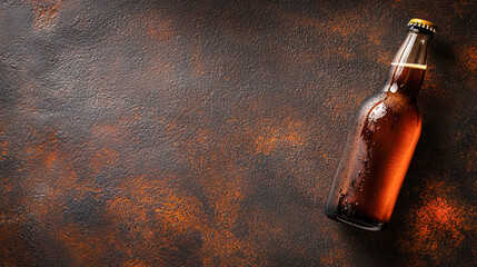 Wall Mural - Brown glass beer bottle with condensation on a dark textured background, perfect for beverage advertising or product presentations.