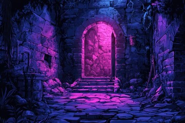 An Ancient Stone Archway Bathed in Eerie Purple Light