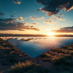 Wall Mural - A field of solar panels at sunset.