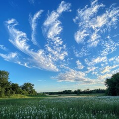 Wall Mural - A field of wildflowers under a blue sky with white wispy clouds.