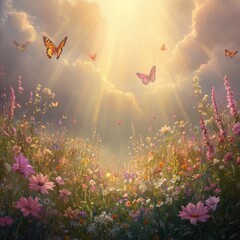 Poster - A field of wildflowers with butterflies flying in the sunlight.