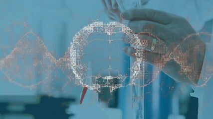 Wall Mural - holding test tube, scientist with dna strand animation over blue background