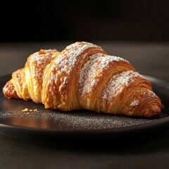 Wall Mural - A freshly baked croissant dusted with powdered sugar on a black plate.