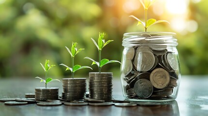 Glass Jar with Stack of Coins Plants Growing with Sunlight Background For Investment Concept of financial growth or potential wealth success.