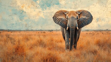 Solitary Elephant: Endangered Species in Dried Savannah - Watercolor Illustration of Lonely Wildlife in Distressed Habitat