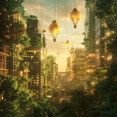 Poster - A futuristic city street with glowing lights and lush greenery.