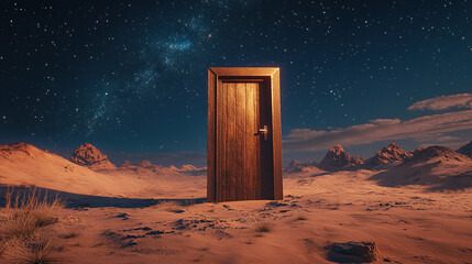 A wooden door stands in the middle of an endless desert, with a starry sky above.