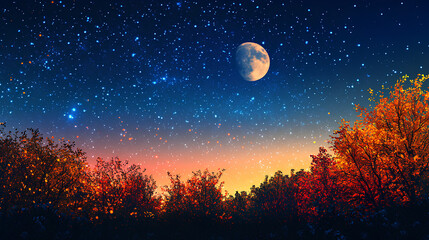 Wall Mural - Silhouette of leaves and starry night sky with full moon suitable for background