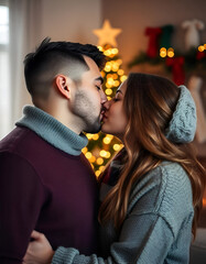 Wall Mural - Couple kissing, Christmas background, Christmas tree in the background, lights and ornaments, celebrating Christmas, hug, happiness, kiss