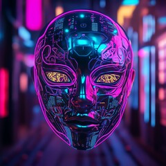 Canvas Print - A futuristic mask with glowing neon lights, in a cyberpunk city setting.