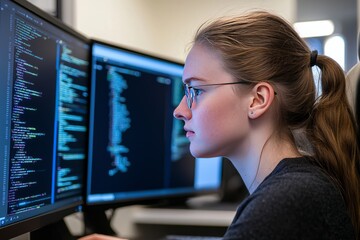 Female software developer coding at her desk, focused on her dual-monitor setup. The screen displays lines of complex