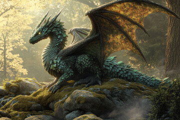 Wall Mural - Green Dragon in Forest.