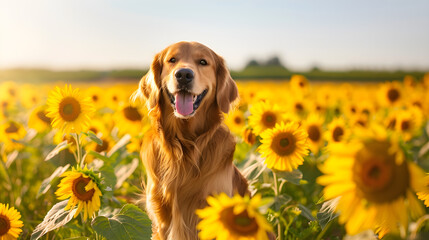 a Happy Dog Sitting in a Field of Sunflowers Under a Clear Blue Sky Radiating Happiness and Positivity