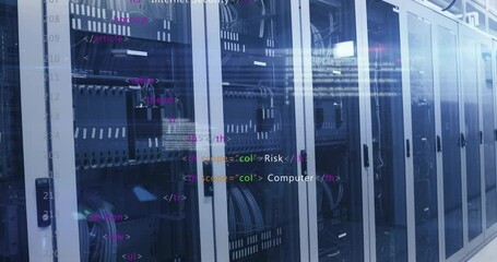 Wall Mural - HTML code animation over server racks in data center