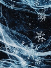 Poster - Delicate snowflakes float amidst flowing lines, forming a mesmerizing winter-themed design against a deep backdrop. Generative AI