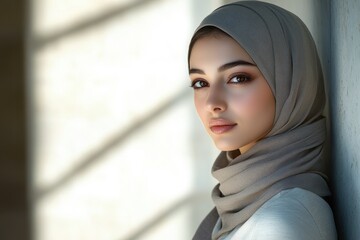 Elegant Arab Fashion Model Poses Confidently in Chic Attire Against Softly Illuminated White Wall - Selective Focus and Whimsical Overlay