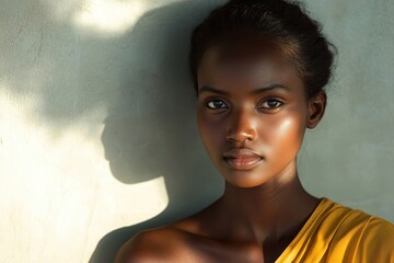 Serene Oromo Fashion Model in Contemporary Attire with Sunlit Shadows - Close-Up Ethereal Silhouette