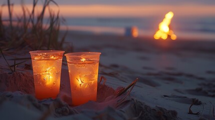 On a stretch of sand two icy drink cups sparkle in the dusk light with a campfire blazing in the distance