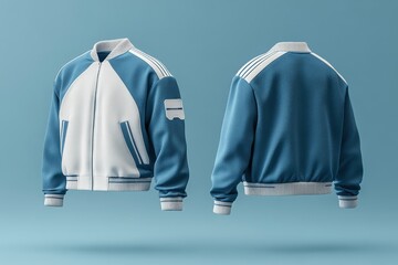 A stylish blue and white bomber jacket displayed from front and back views.