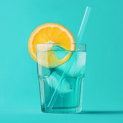 Wall Mural - A glass of blue liquid with ice cubes and an orange slice on top, against a turquoise background.