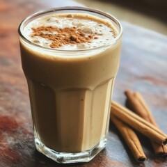 Poster - A glass of creamy smoothie with cinnamon powder and sticks on a wooden table.