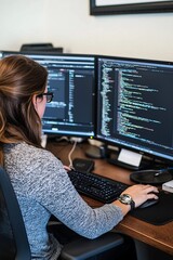 Female software developer coding at her desk, focused on her dual-monitor setup. The screen displays lines