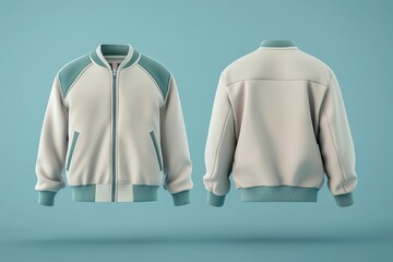 A stylish bomber jacket displayed from front and back on a blue background.