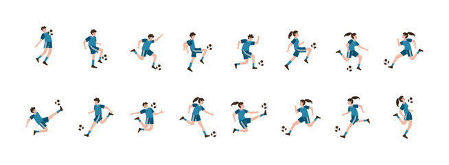 Football Sport Player flat illustration set. Include of player action, football team, kick, and penalty. Vector illustration isolated transparent background