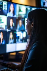 Female software developer participating in a video conference with her global team. The screen shows multiple