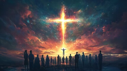 Wall Mural - Worshipers infront of a cross