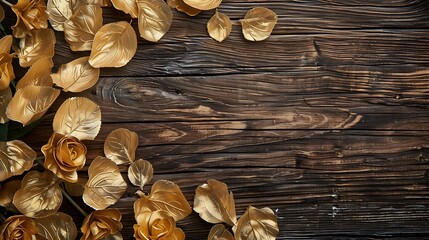 Wall Mural - On a wooden backdrop golden petals with leafy greens