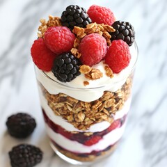 Poster - A glass parfait with layers of granola, yogurt, and fresh raspberries and blackberries.