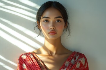 Ethereal Beauty - Burmese Fashion Model in Modern Attire with Calm Expression Illuminated by Surreal Light Rays on White Wall Background (Composite)