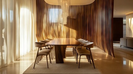 Poster - A dining room with a long wooden table and chairs