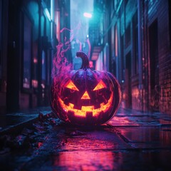 Poster - A glowing jack-o'-lantern sits in a dark alley, smoke billowing from its carved mouth.