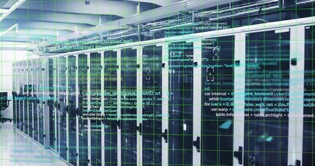 Poster - Computer code animation over server racks in data center