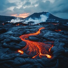 Poster - A glowing river of lava flows through a field of cooled lava, with a volcano in the background.