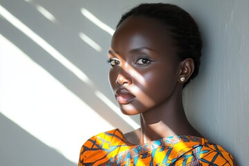 Ethereal Double Exposure Portrait of Oromo Fashion Model in Contemporary Attire Against Sunlit Gray Wall with Focused Expression