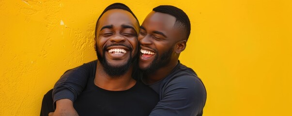 Two men embracing happily against a yellow background