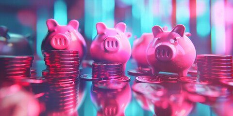 Wall Mural - Piggy bank and cash, financial background for savings and finance themes
