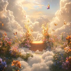 Poster - A golden platform sits amidst a vibrant floral meadow in a dreamy cloudscape, adorned with fluttering butterflies and a soft golden glow.