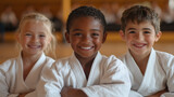 Three smiling karate kids posing together in dojo