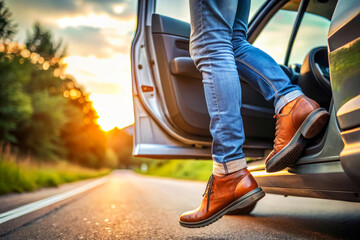 Man Stepping Out Of Car At Sunset. Adventure Awaits. Road Trip. Freedom.