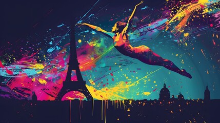 A gymnast performing a dismount, with the Eiffel Tower visible, rendered in vibrant vector graphics.