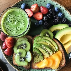 Poster - A green smoothie, avocado toast with kiwi and peach, and berries on a plate.