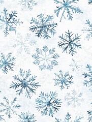 Fototapete - The artwork displays a variety of blue snowflakes delicately arranged over a soft, light background, capturing the essence of winter. Generative AI
