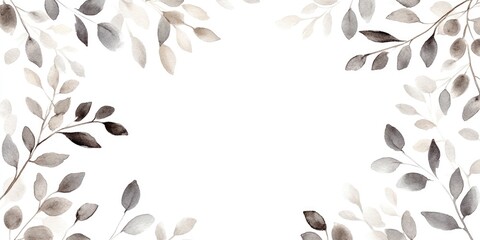 Wall Mural - Wreath circular frame featuring watercolor branches with gray leaves hand drawn on a white backdrop suitable for cards and creative projects