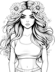 Wall Mural - A woman with long hair and a flower crown on her head. She is wearing a white tank top and has a smile on her face